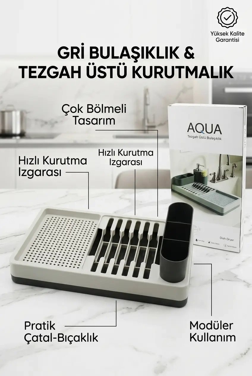 Drenajlı Gri Bulaşıklık Tezgah Üstü Tabak Bardak Kurutma Mutfak Düzenleyici