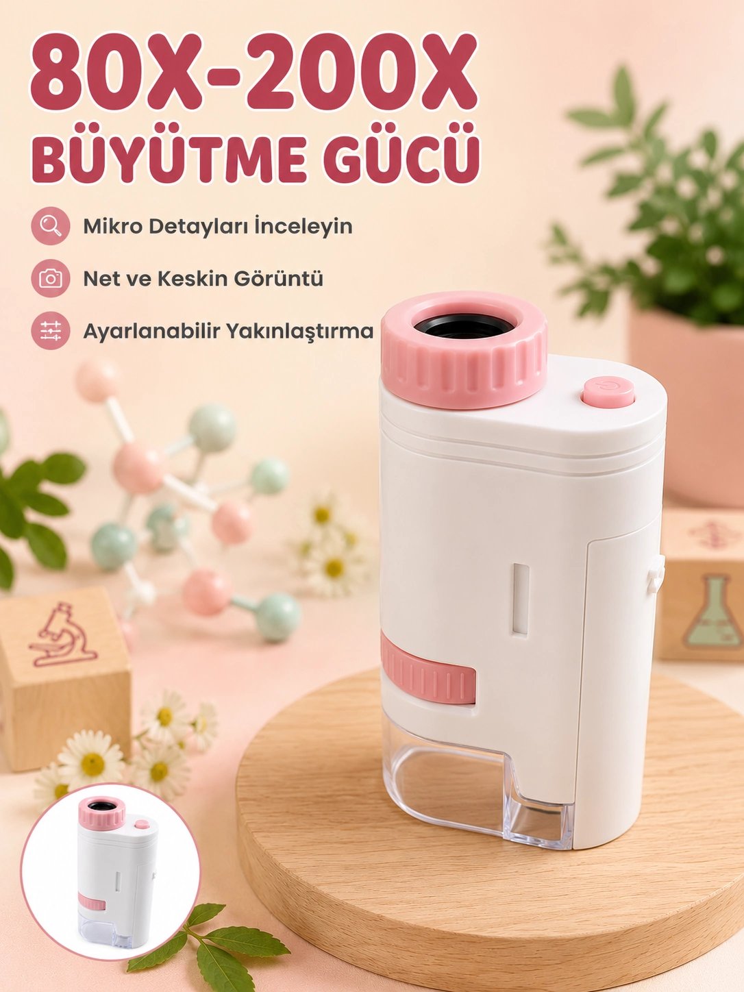 Eğitici Taşınabilir Mikroskop  Ayarlanabilir Focus, LED Işık ve 80X-200X Yakınlaştırma