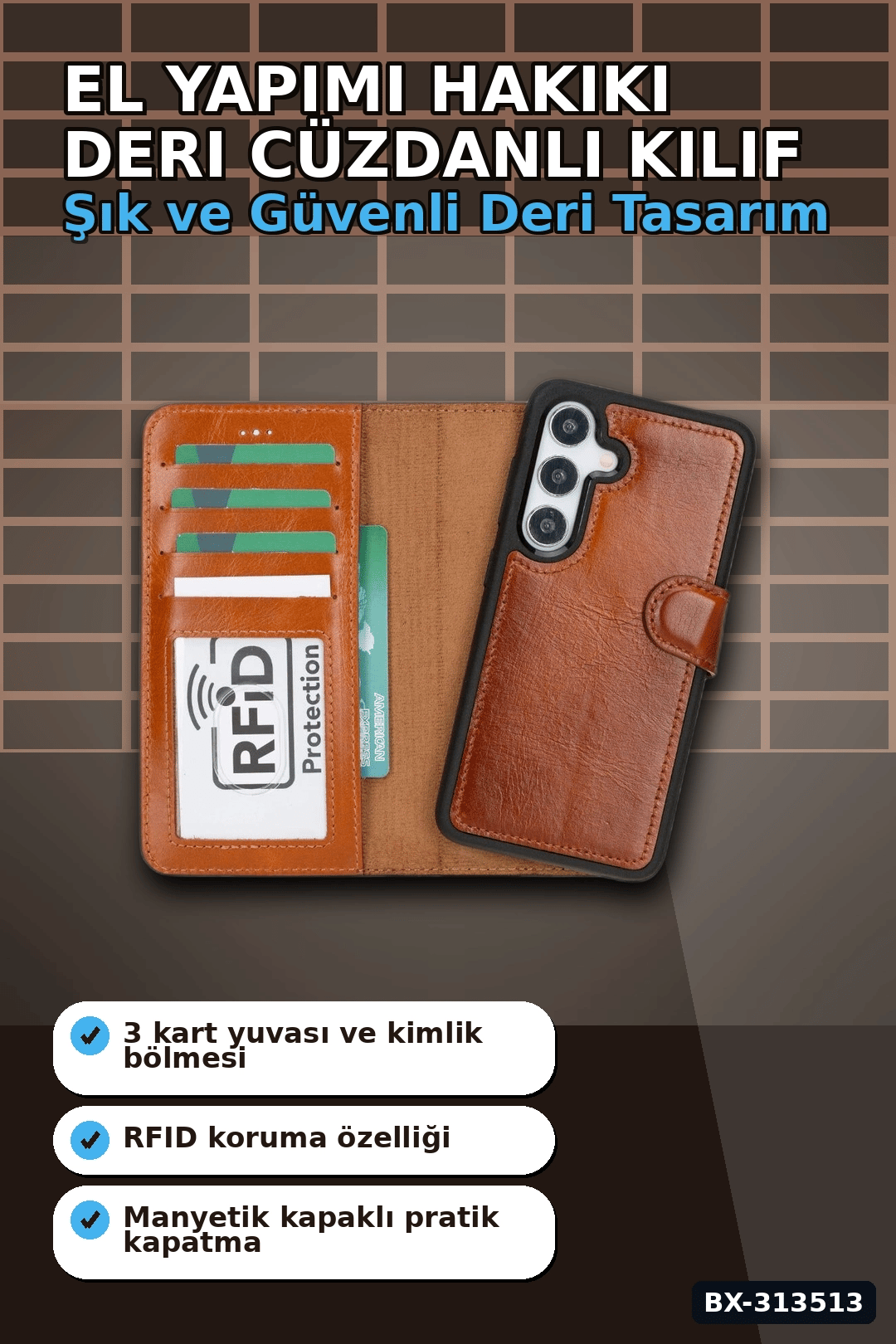 El Yapımı Hakiki Deri Cüzdanlı Kılıf - Samsung Galaxy S25 Uyumlu, Gölgeli Taba BX-313513