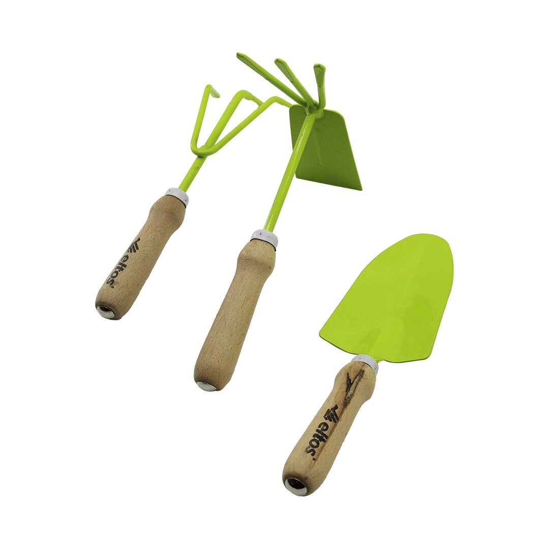 Eltos Ebs-003  3pcs  Bahçe Hobi Seti  Renkli Metal   Çift Başlı Çapa - 3 Dişli Tırmık - Kürek  Ahşap Saplı Bx40