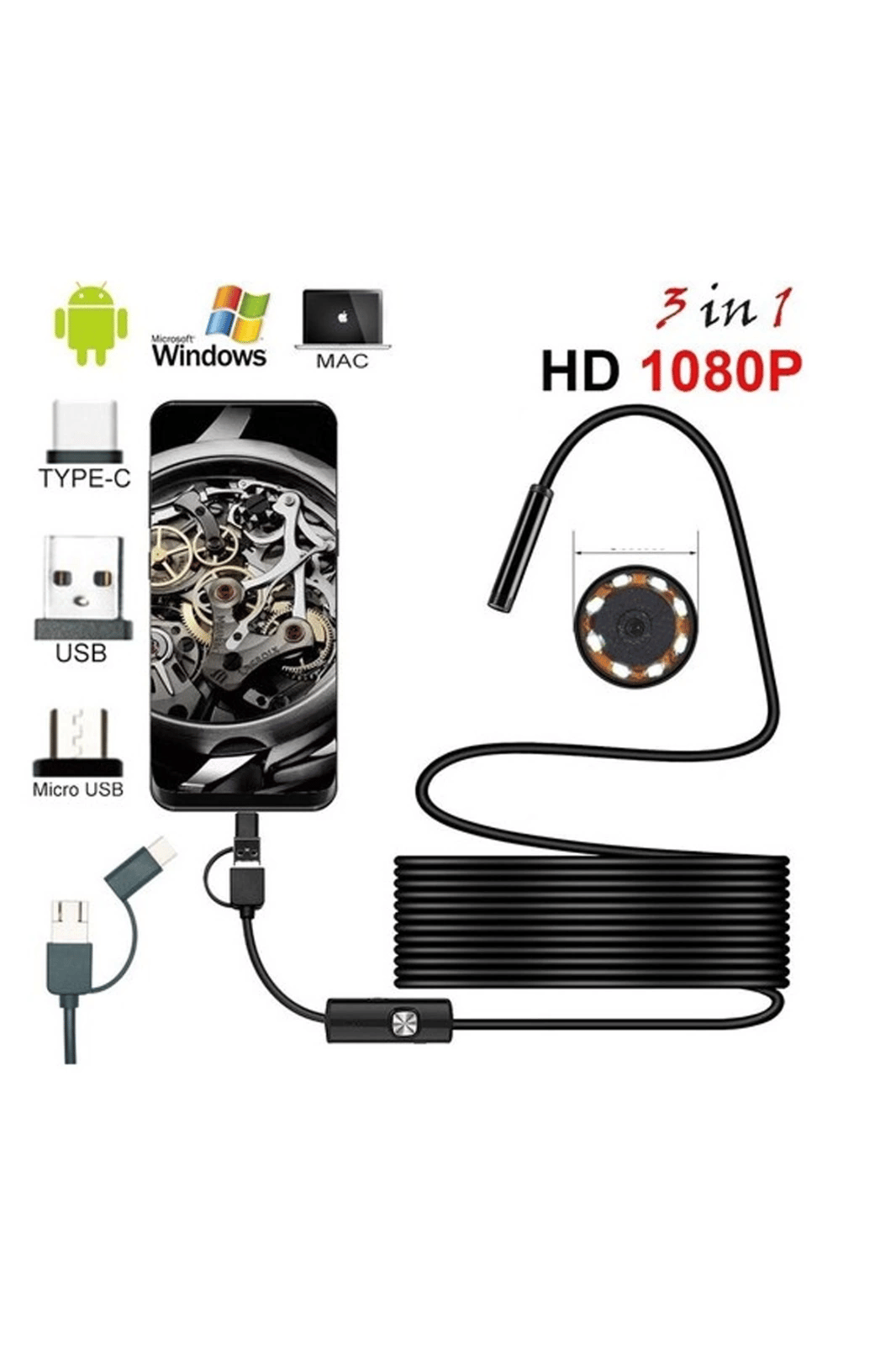 Endoskop 3 İn 1 Yılan Kamera Usb Micro Usb Type-c 20 Metre Sert Kablo