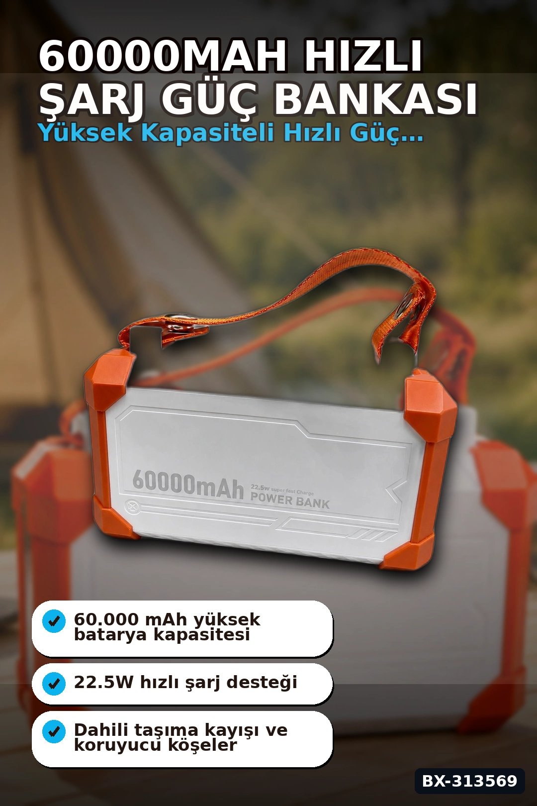 Entegre Kablolu 60000mAh 22.5W Hızlı Şarj Powerbank - Çoklu USB-C Çıkışlı Güç Bankası BX-313569