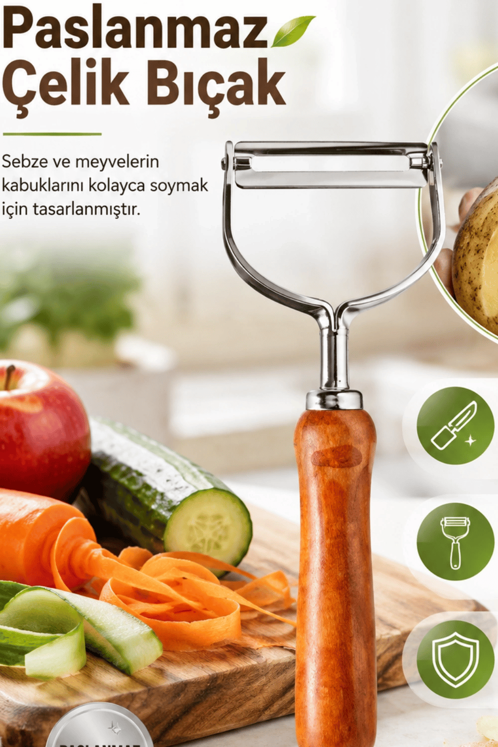 Ergonomik Ahşap Saplı Metal Meyve Sebze Soyacağı Tek Başlıklı Pratik Soyacak