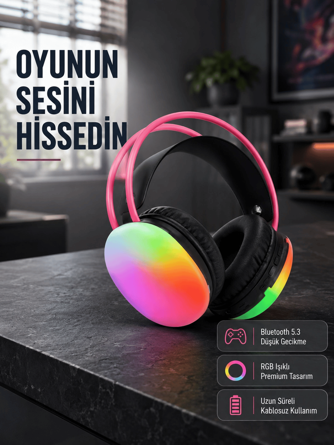 Ergonomik RGB Bluetooth Kulaklık 3D Ses Yeni Nesil