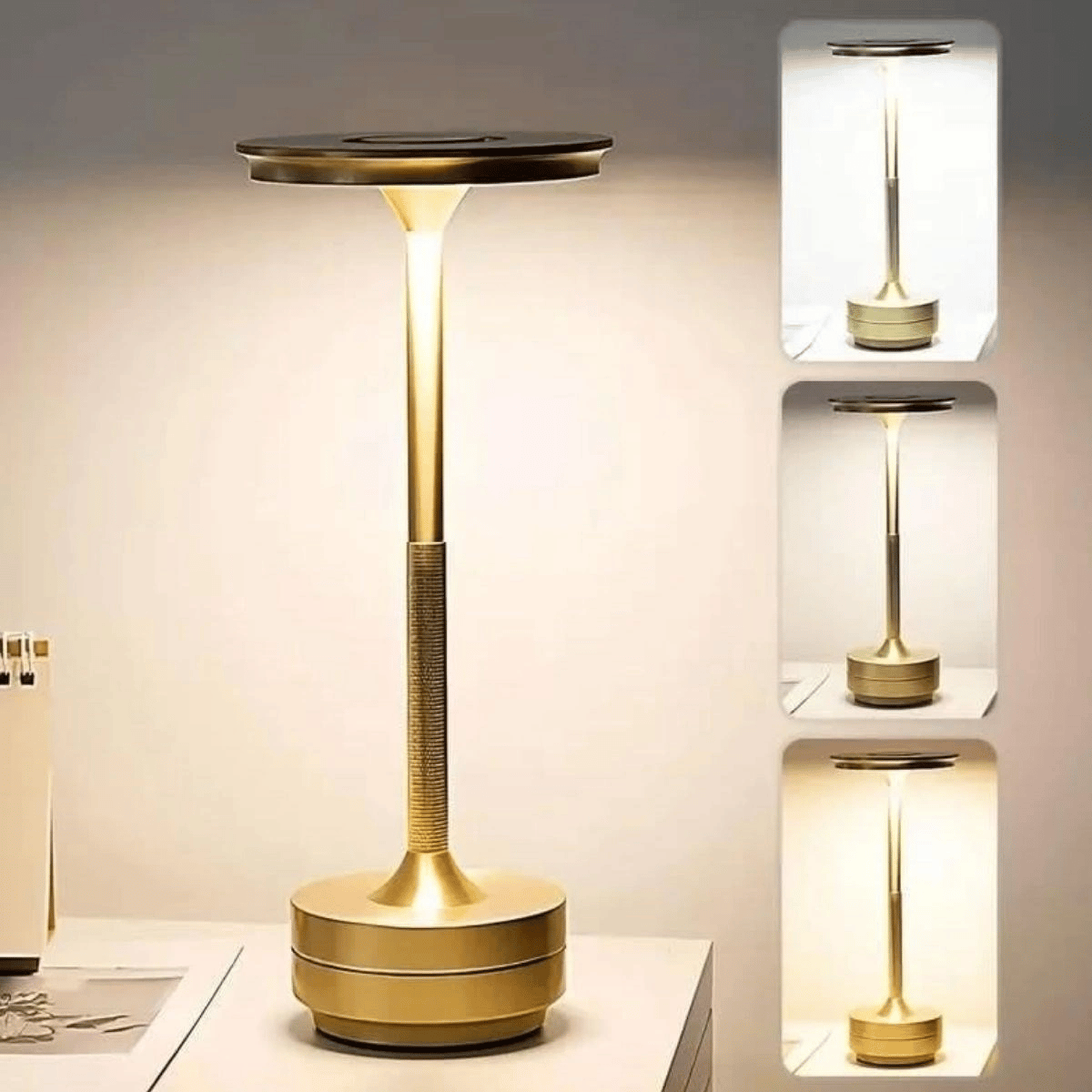 Eskitme Gold Kasa Dokunmatik Şarjlı Masa Lambası – 3 Renk Işık Modlu, Led Aydınlatmalı, Modern & Dekoratif Abajur Bx40