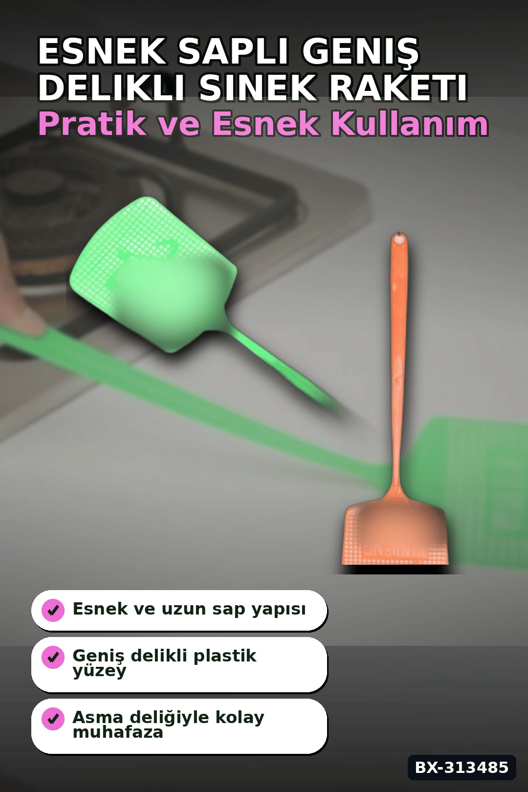 Esnek Saplı Geniş Delikli Sinek Raketi 1 Adet Ev Ofis Bahçe Yazlık Kullanımı BX-313485
