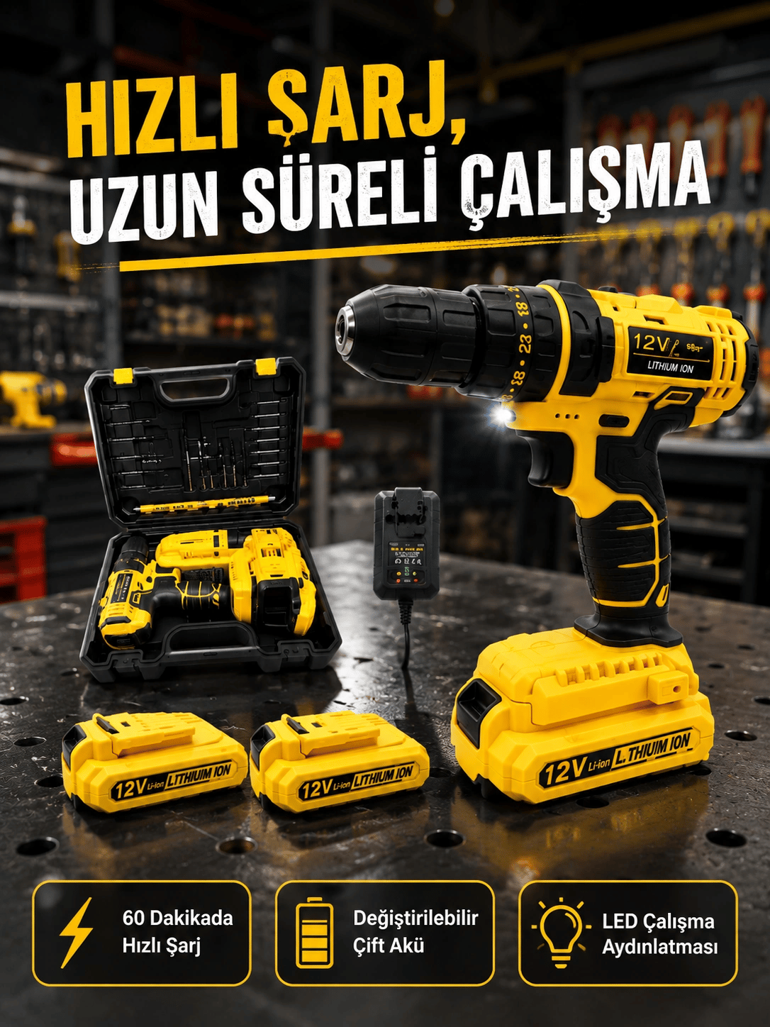 Ev ve Atölye İçin 12V Akülü Matkap | Plastik Mandren ve Metal Şanzıman