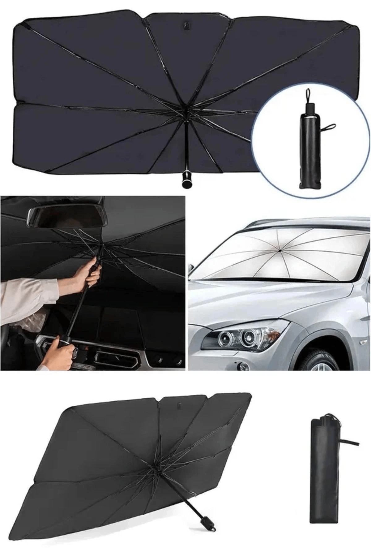 Evrensel Katlanabilir Şemsiye Tipi Araç Ön Cam Güneşliği UV Korumalı Isı Yalıtımlı 150x70 cm