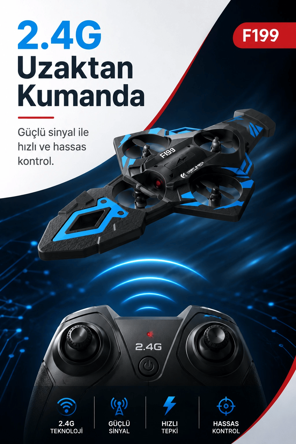 F199 Uzaktan Kumandalı Uçak Drone 2.4G Bağlantılı 360 Derece Dönüş Özellikli Oyuncak