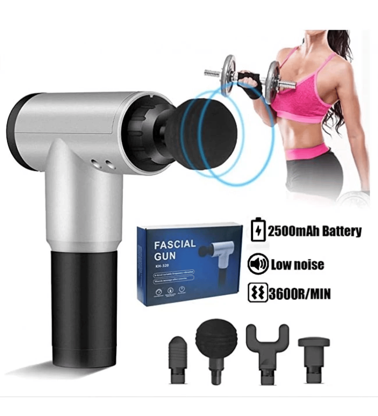 Fascial Gun Rh-320 6 Kademe Hız Ayarlı, 4 Parça Başlıklı, Usb Şarjlı, Masaj Tabanca Aleti Bx40