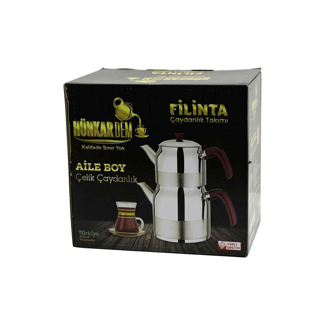 Filinta Aile Boy Çelik Çaydanlık Seti Çift Kapaklı Renkli Bakalit Kulp Üst Demlik: 1.5lt - Alt Suluk: 3lt Kendinden Süzgeçli Bx40