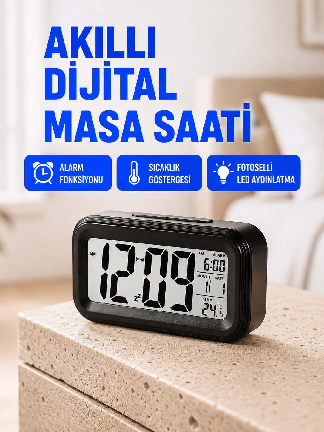 Fotoselli Dijital Masa Saati Aydınlatmalı Alarm ve Tarih Göstergeli