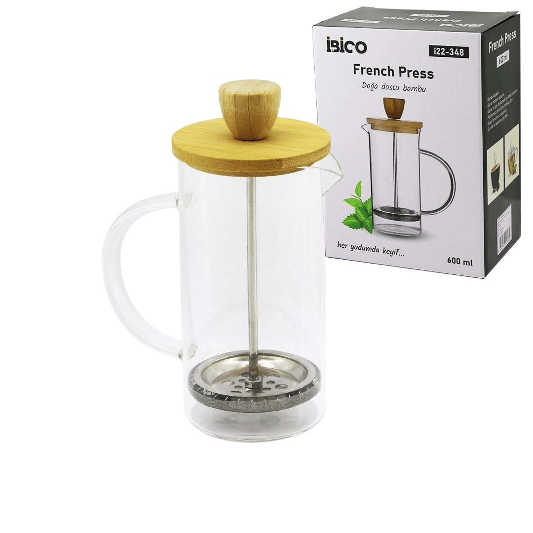 French Press Bambu Kapak 600ml Cam Bitki Süzgeçi Bx40
