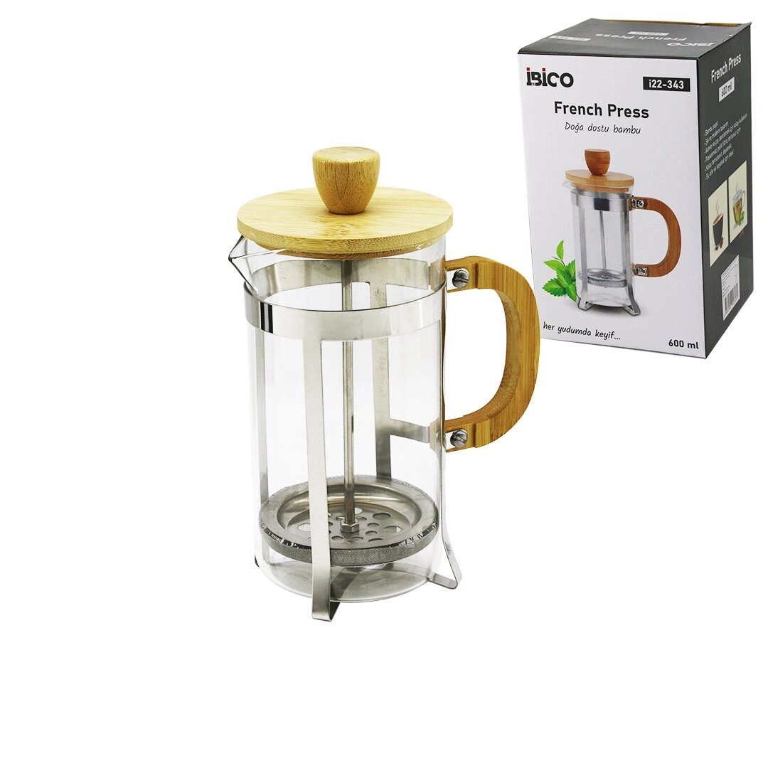 French Press Metal Kafes - Bambu Sap Bambu Kapak 600ml Cam Bitki Süzgeçi Bx40