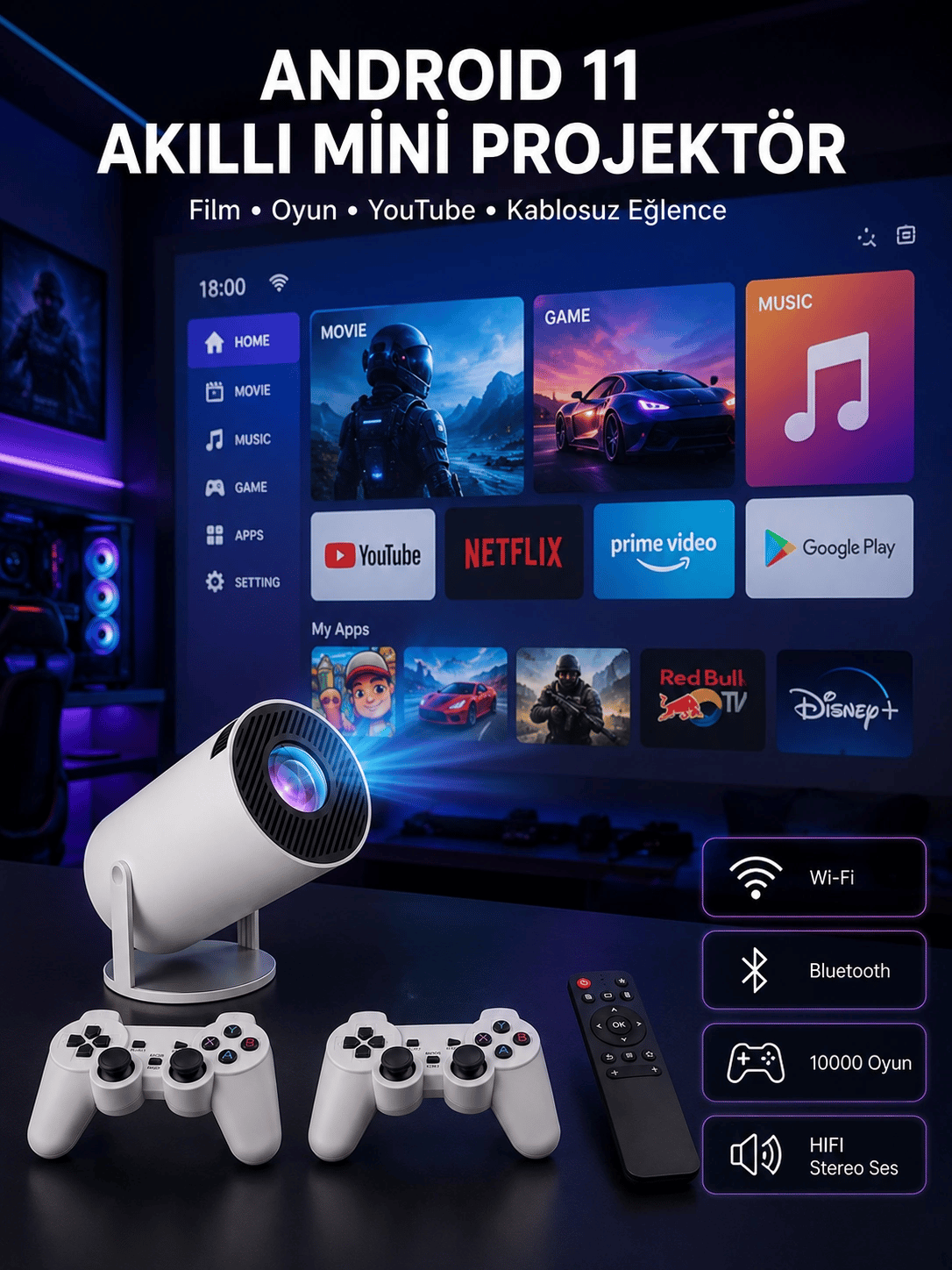 Full HD 8 GB Ayaklı Çift Kollu 4K Video Oyun Konsolu Taşınabilir Yeni Nesil