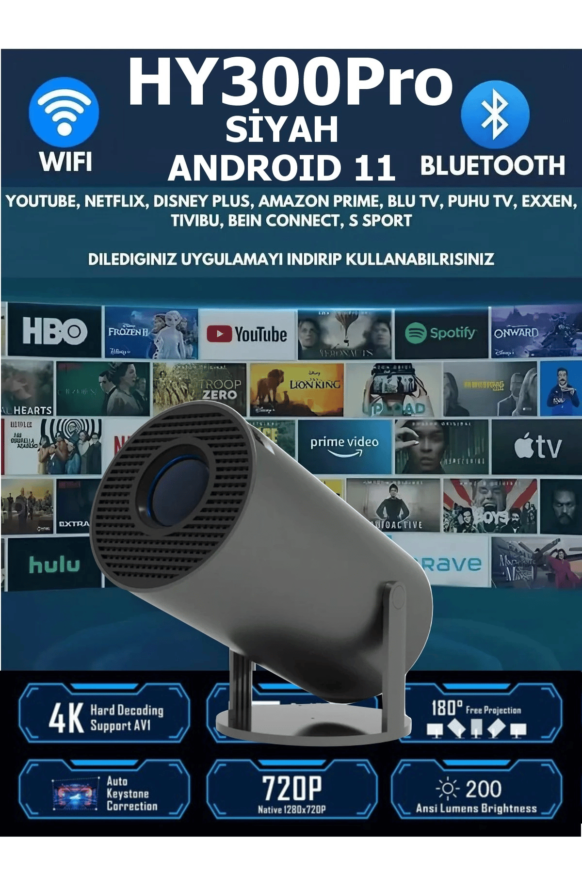 FULL HD LED projeksiyon cihazı 1920x1080 çözünürlük 10000:1 kontrast USB HDMI siyah