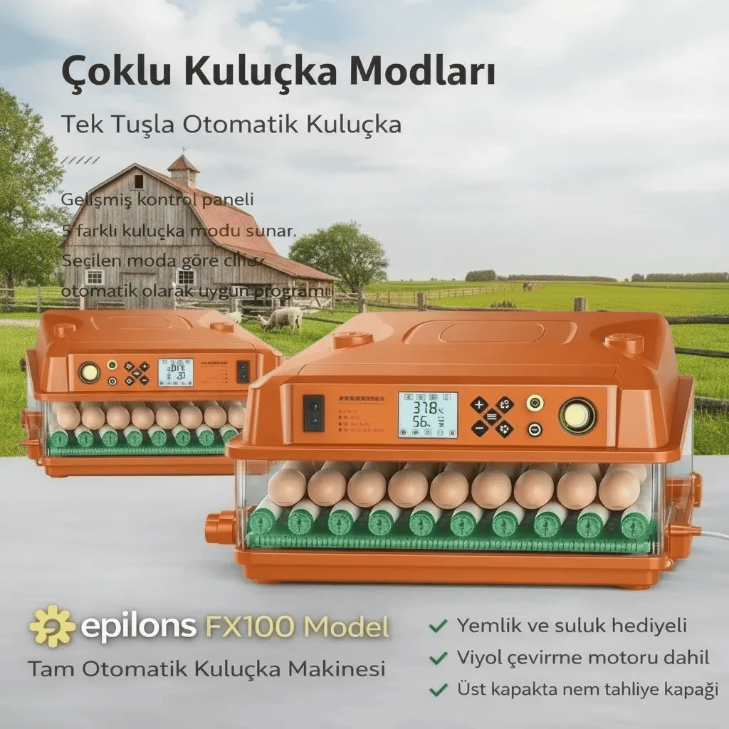 FX100 Tam Otomatik Kuluçka Makinesi – 100 Yumurta Kapasiteli | Yeni Nesil Havalandırma | Otomatik Motorlu Su Alma Sistemi | Dijital Isı ve Nem Kontrolü