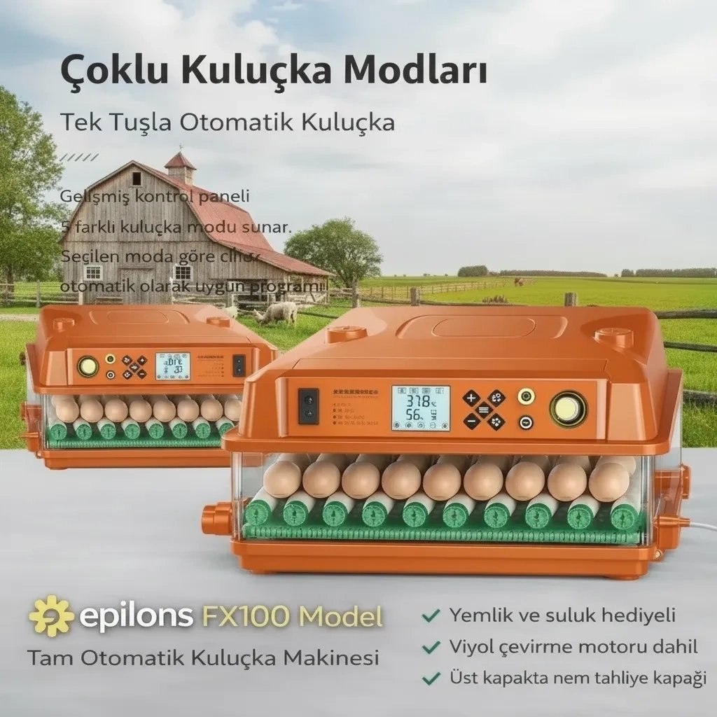 FX100 Tam Otomatik Kuluçka Makinesi 100 Yumurta Kapasiteli | Yeni Nesil Havalandırma | Otomatik Su Sistemi | Dijital Isı ve Nem Kontrolü