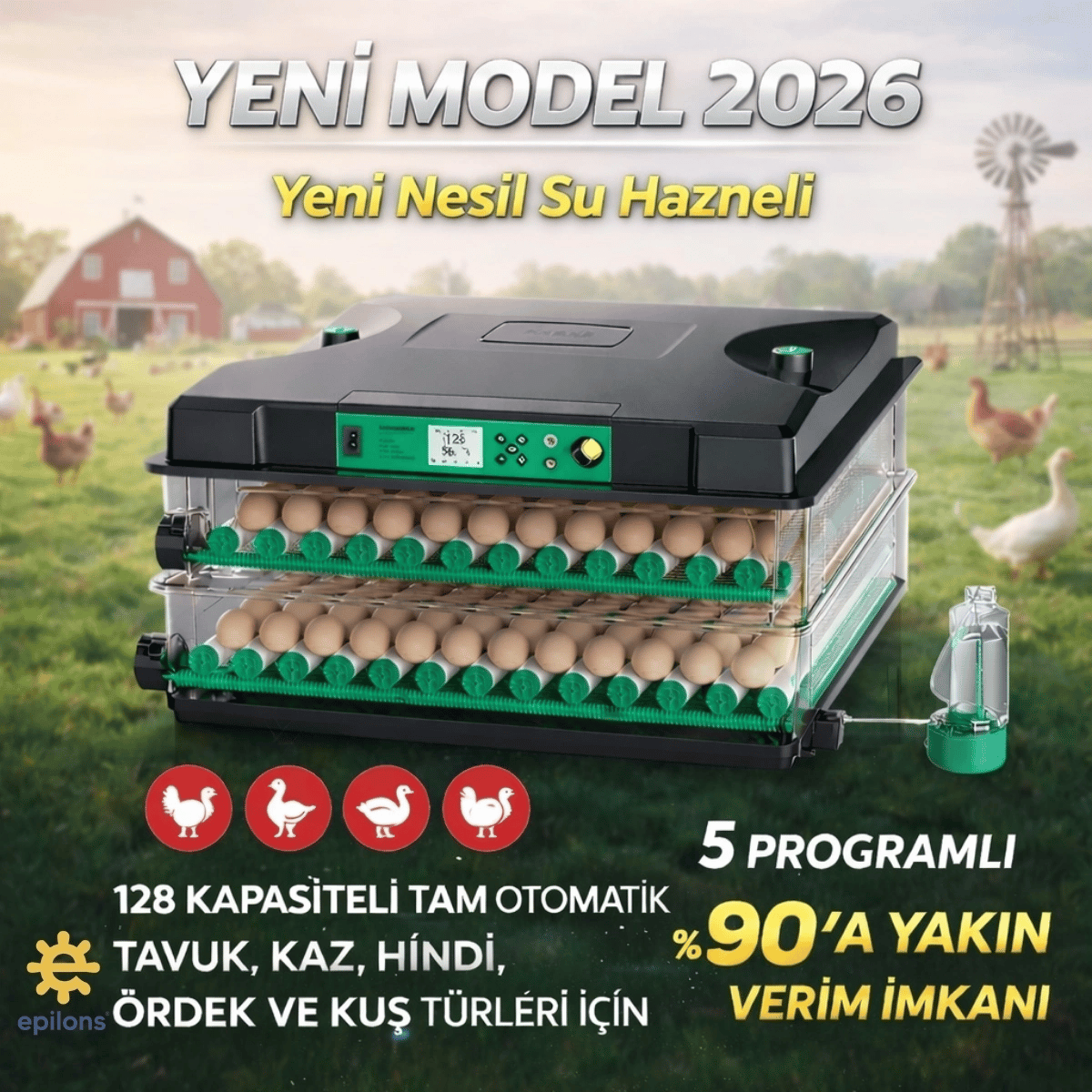 FX128 Model Tam Otomatik Kuluçka Makinesi - Çift Katlı, Çift Güç Sistemli, Su Hazneli Yeni Nesil İnkübatör