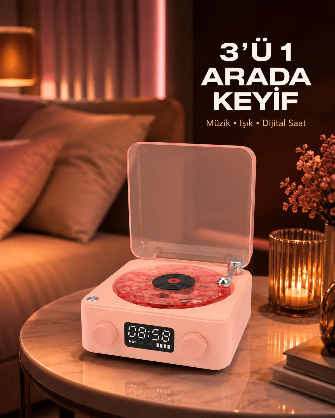 Gece Lambası Stereo Bluetooth Hoparlör Dijital Saat Su Dalgası Efektli 3-ü-1 Cihaz