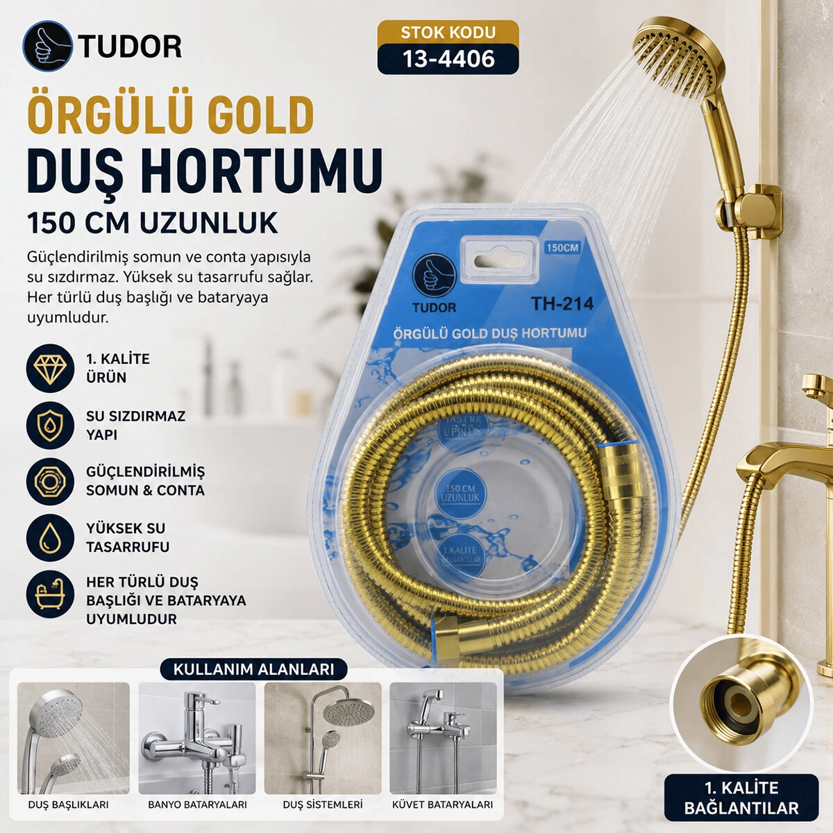 Gold Örgülü Duş Hortumu 150cm Vakumlu Ambalaj Bx40