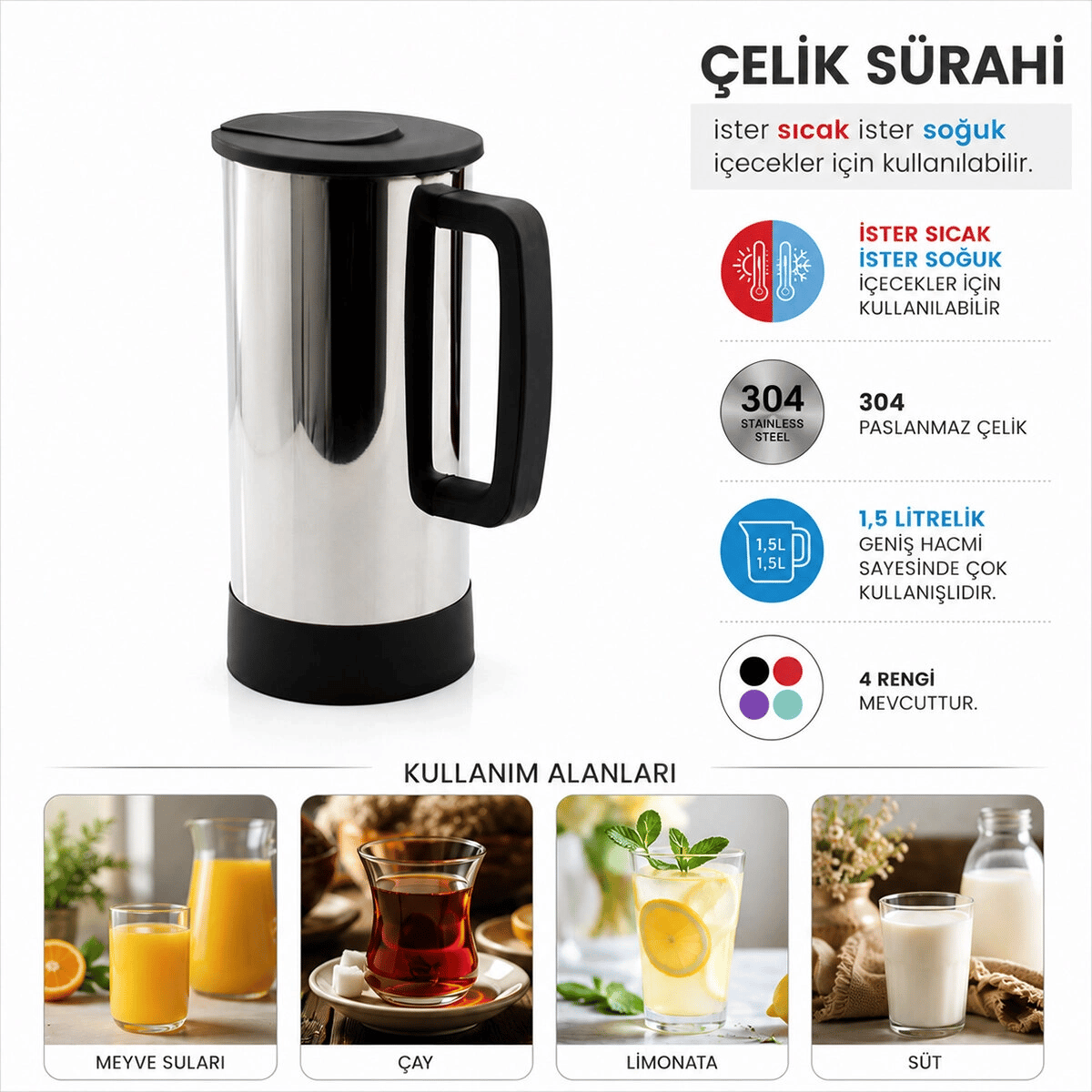 Gri - Paslanmaz Çelik Sıcak - Soğuk Çelik Sürahi Bx40