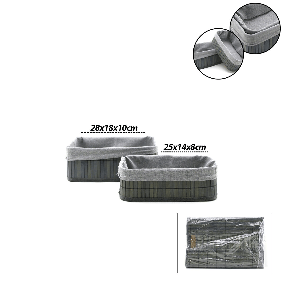 Gri 2 Boy D.dörtgen Bambu Kenar Organizer Sepet Ahşap Altlık - Bezli 25x14-28x18cm Bx40