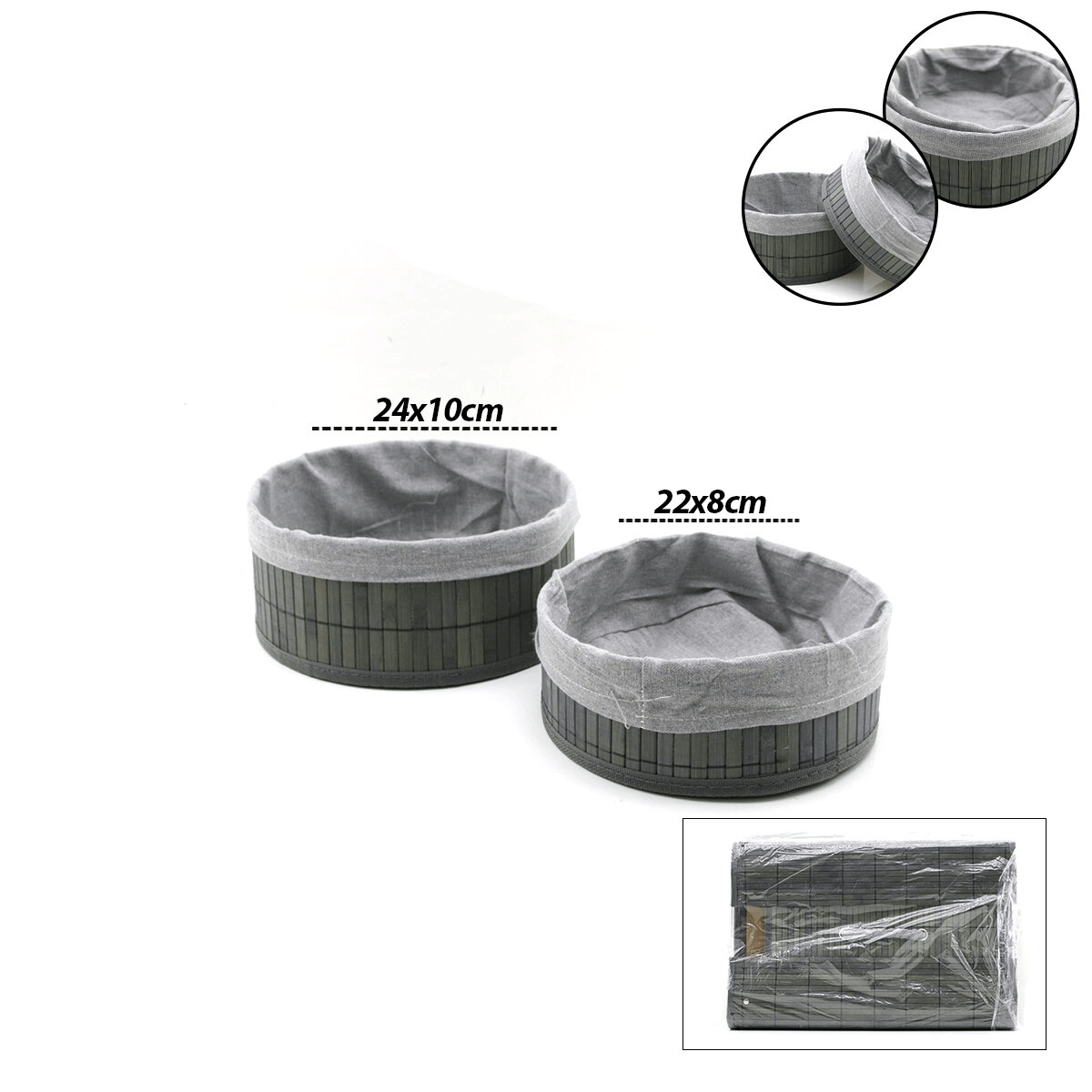 Gri 2 Boy Yuvarlak Bambu Kenar Organizer Sepet Ahşap Altlık - Bezli Çap=22x24cm Bx40