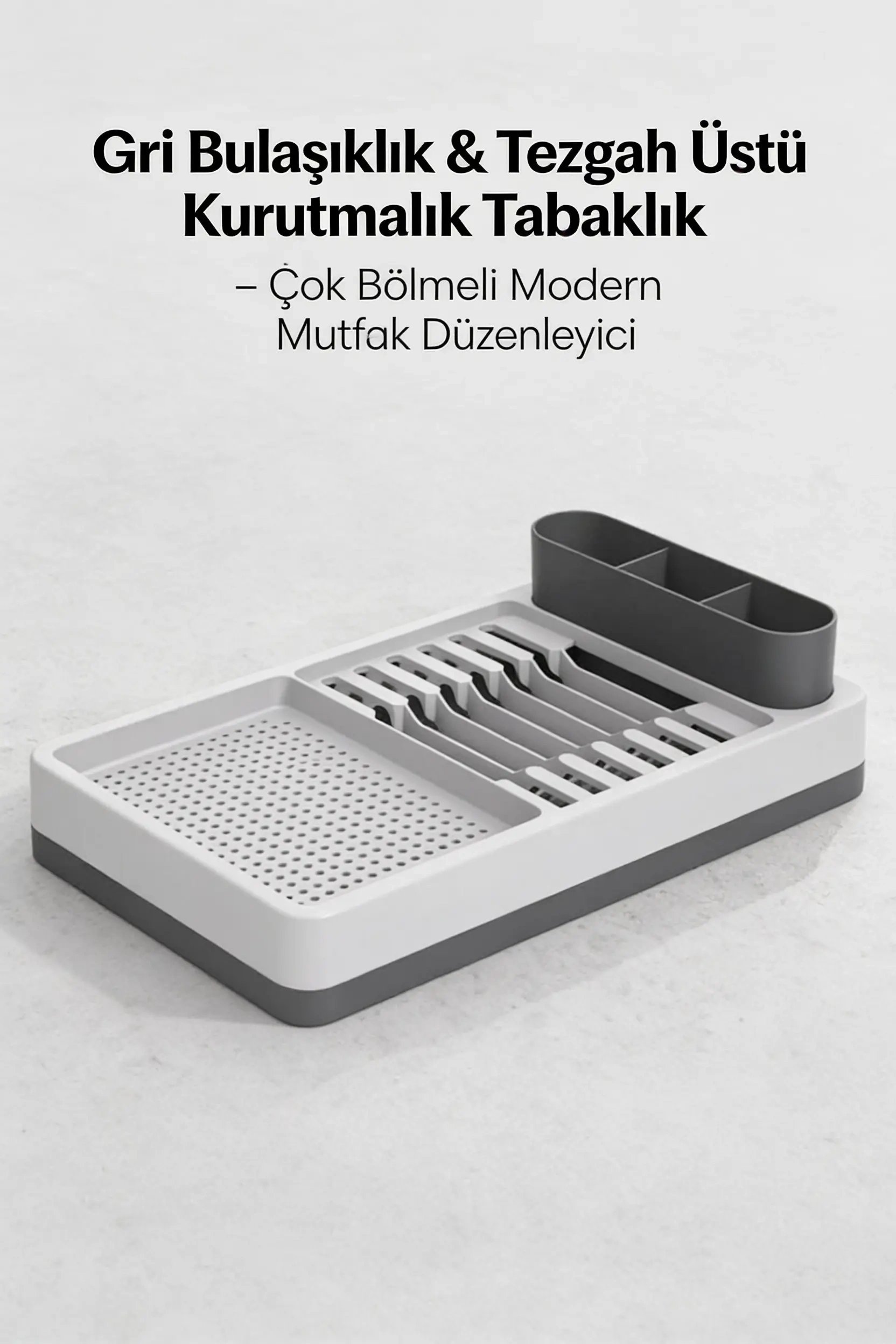 Gri Beyaz Mutfak Bulaşıklığı Tezgah Üstü Kurutmalık Tabaklık Organizer Standı