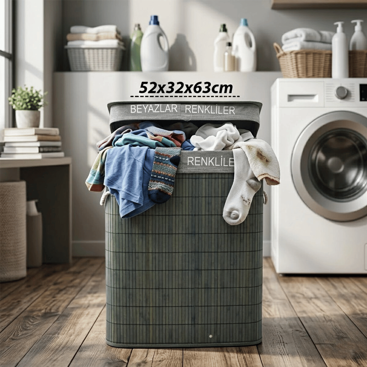 Gri Dikdörtgen 2 Bölmeli 52x32cm Y:63cm Bambu Ahşap Kirli Çamaşır Sepeti Kumaş Çantalı İp Kulp Bx40