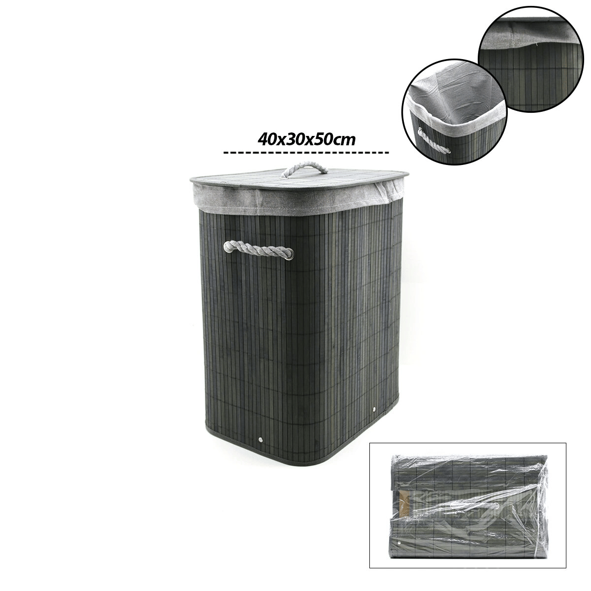Gri Dikdörtgen 40x30cm - Y:60cm Bambu Ahşap Kirli Çamaşır Sepeti Seyyar Kapaklı Kumaş Çantalı İp Kulplu Bx40