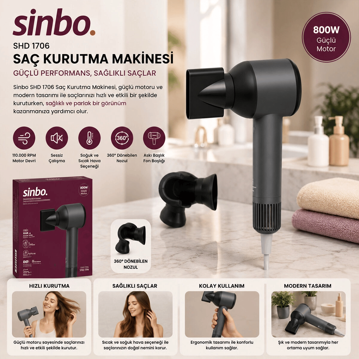Gri Saç Kurutma Makinesi 110.000 Rpm Sessiz Çalışma - 3 Hız - Sıcaklık Ayar Shd-1755 Bx40