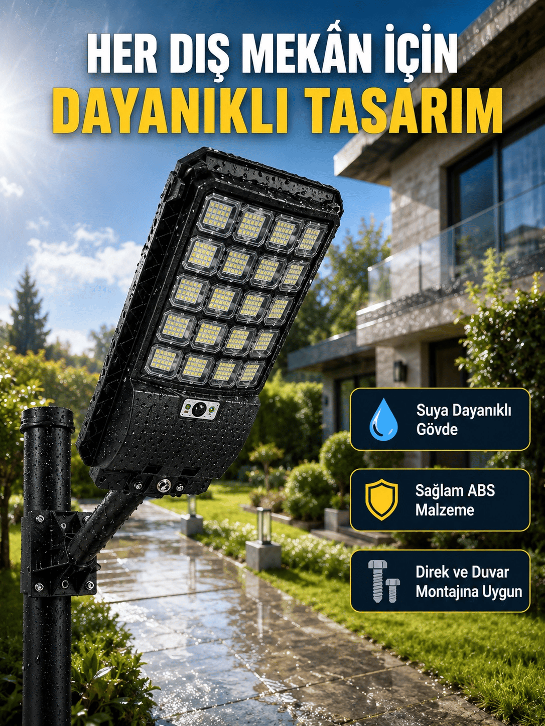 Güneş Enerjili Dış Mekan LED Lambası Geniş Aydınlatma Açılı Akıllı Sokak Lambası