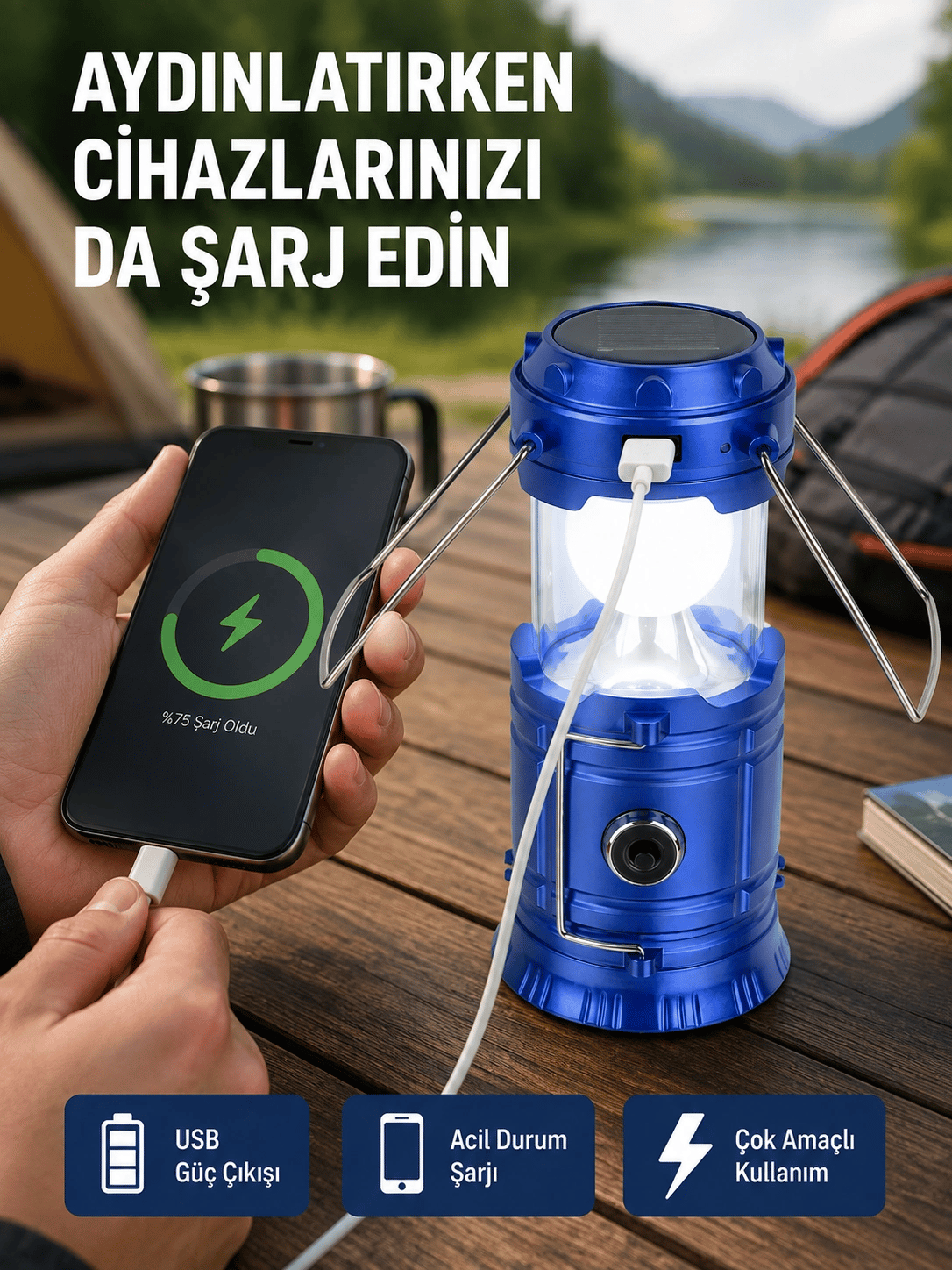 Güneş Enerjili Katlanabilir Kamp Feneri – USB Şarjlı, Hafif ve Çok Fonksiyonlu