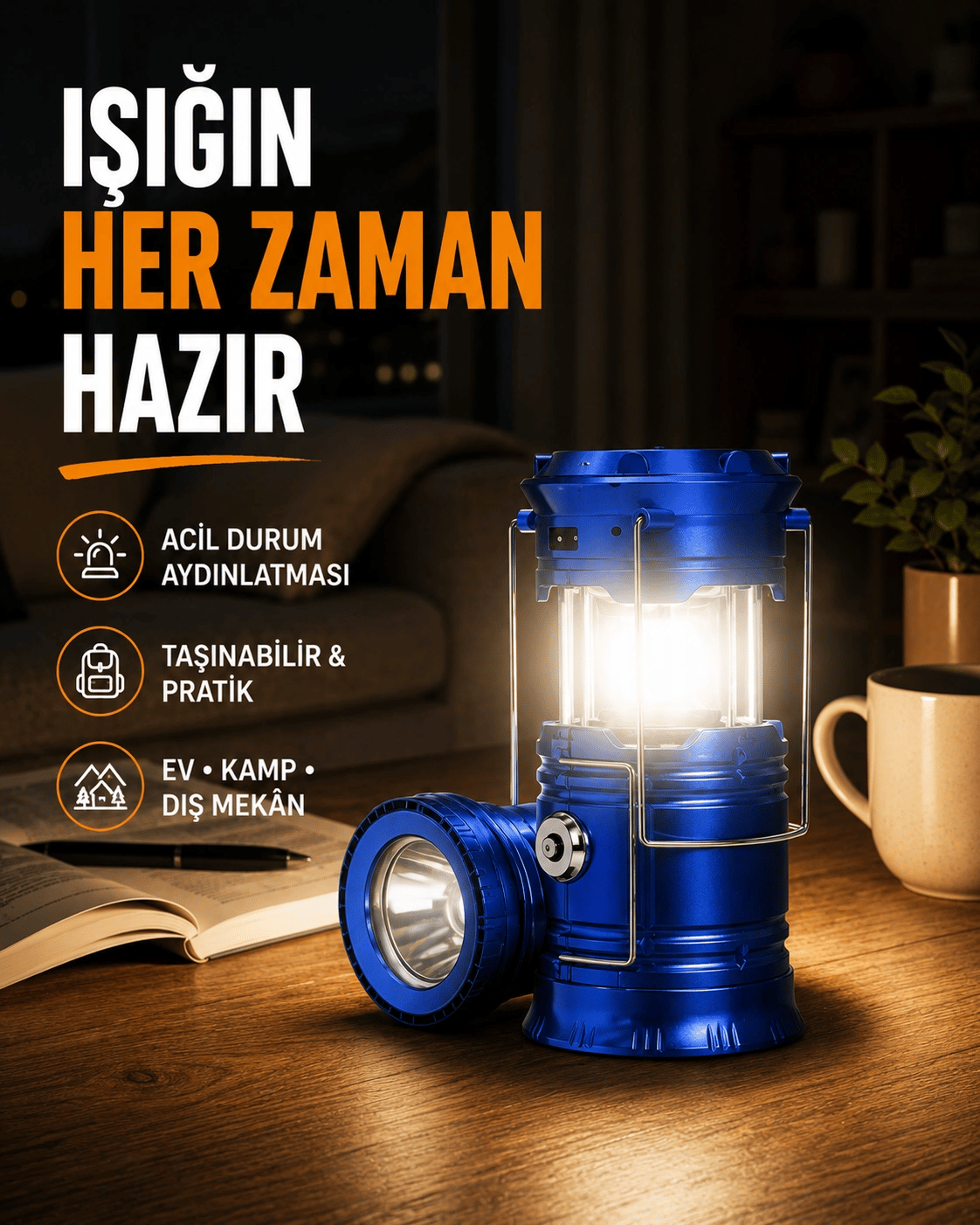 Güneş Enerjili Katlanabilir Kızaklı Kamp Feneri – USB Şarjlı, Çok Yönlü ve Dayanıklı Tasarım