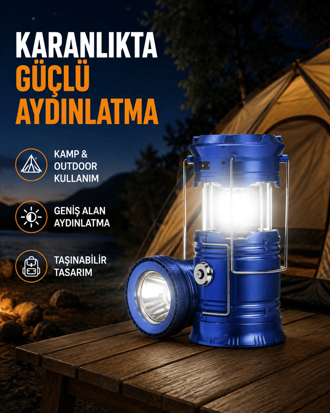 Güneş Enerjisiyle Çalışan Kamp Feneri Hafif Portatif Uzun Ömürlü