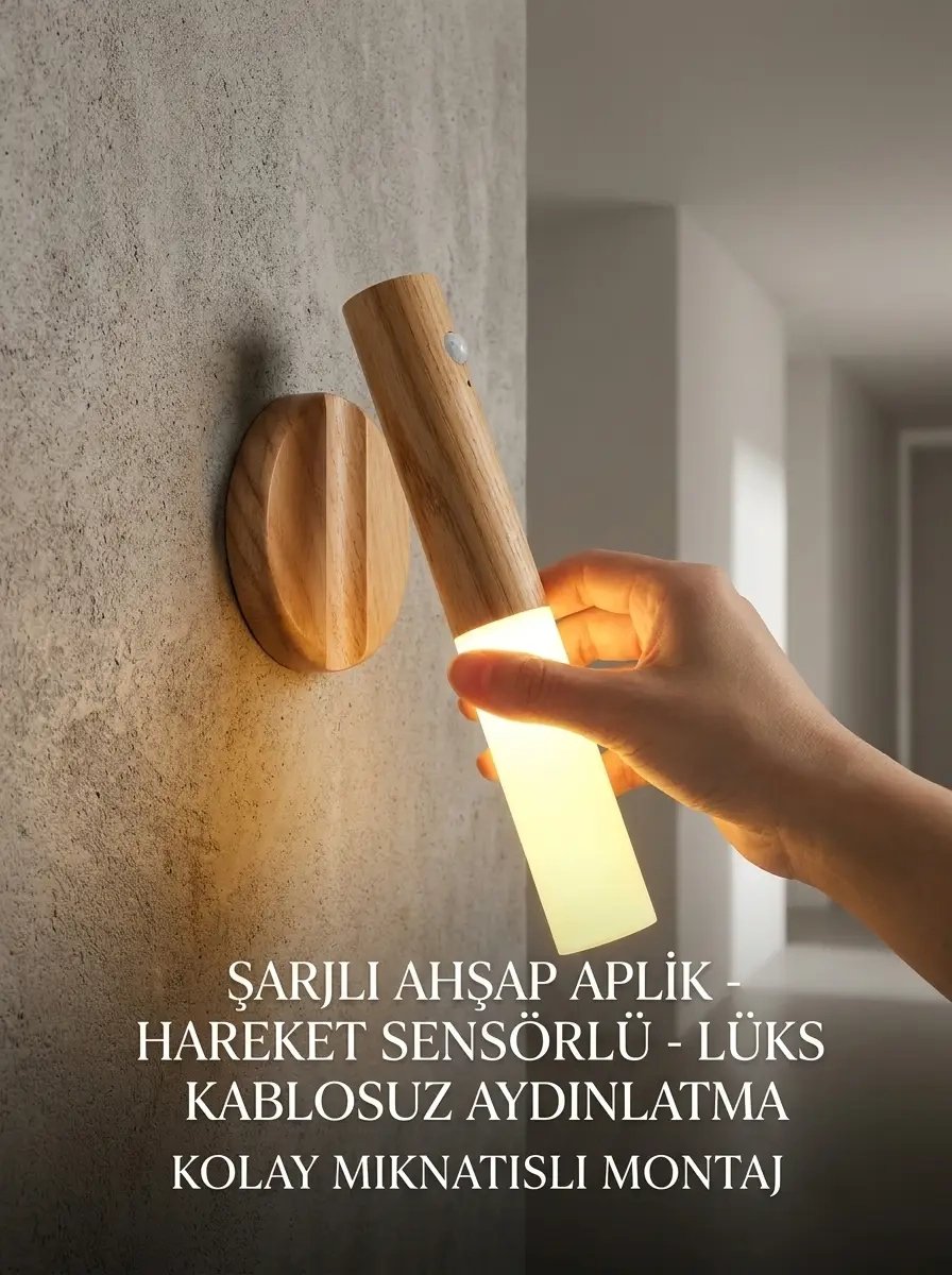 Günışığı LED Şarjlı Duvar Aplik Ahşap Renk Hareket Sensörlü Kablosuz Lüks Lamba Modeli