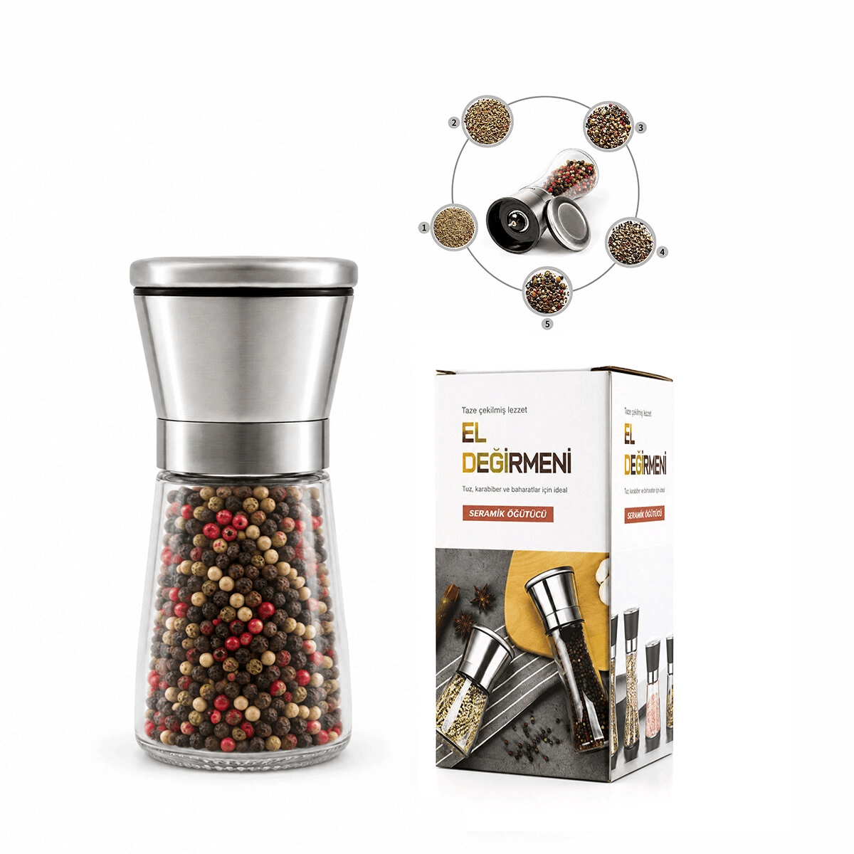 Hand Grınder Küçük Cam Hazneli - Krom Kaplama Pls.kapaklı Tuz - Baharat Öğütücü İ22-411 Bx40