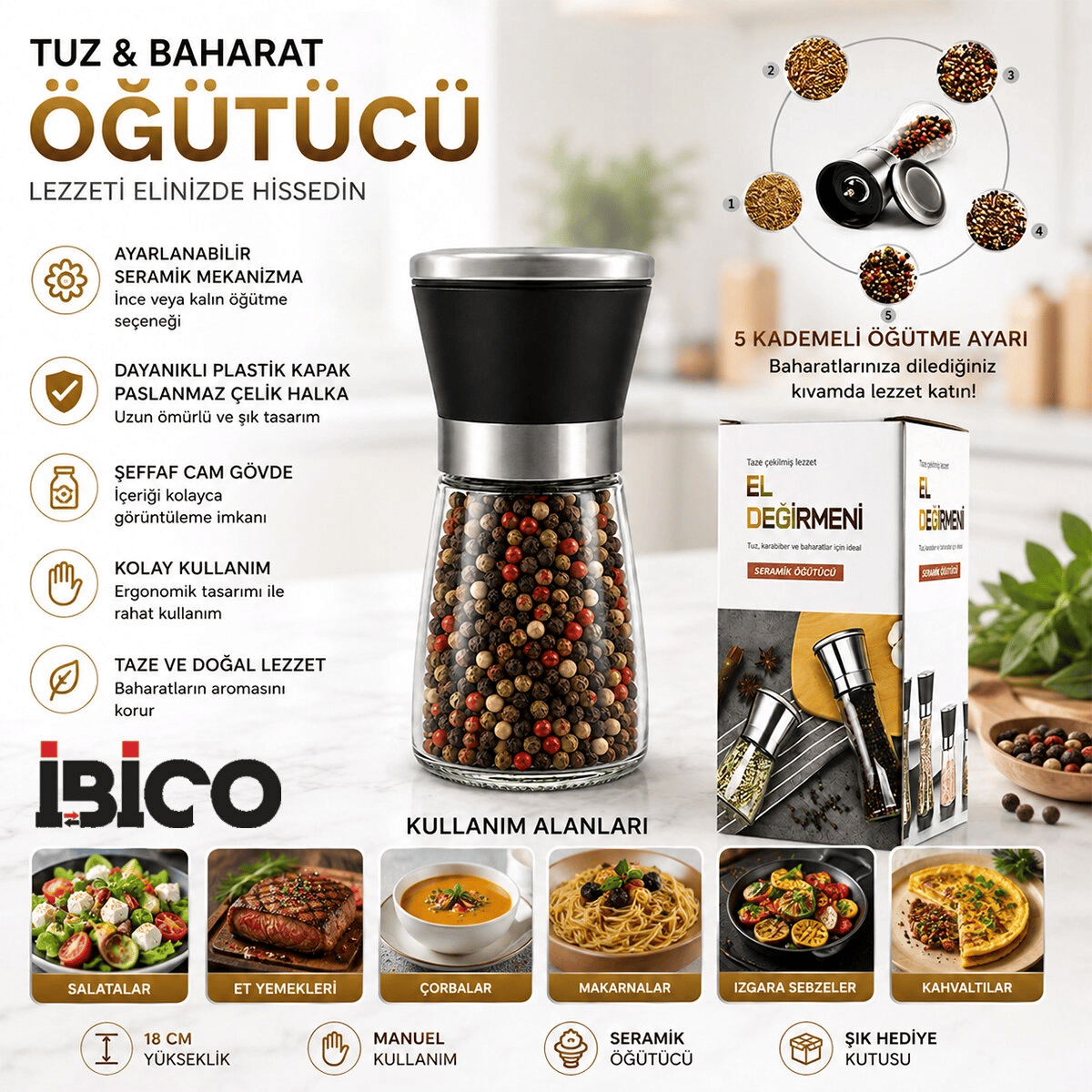 Hand Grınder Küçük Cam Hazneli - Pls.kapaklı - Krom Belli Tuz - Baharat Öğütücü Bx40