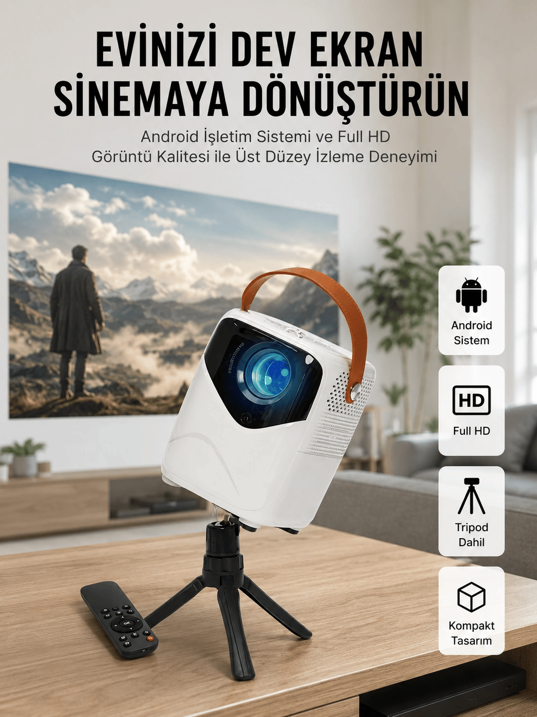 HD Ayaklı Portatif Projeksiyon Cihazı Bluetooth Wifi Akıllı Android İşlemcili