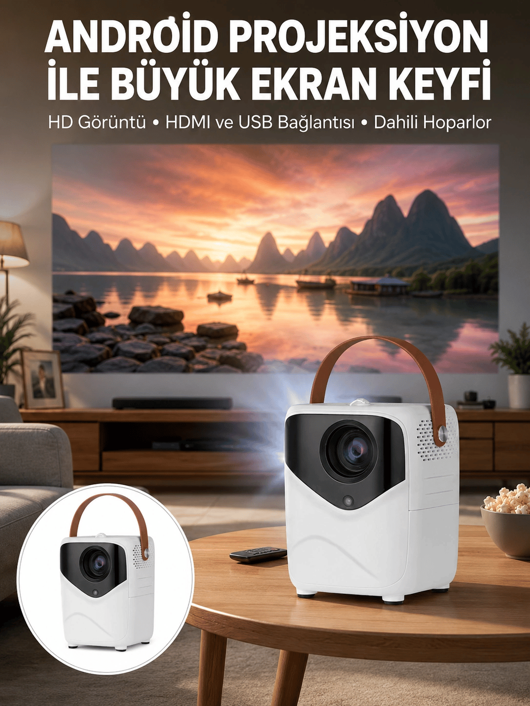 HD Ayaklı Portatif Projeksiyon Cihazı Bluetooth Wifi Akıllı Android İşlemcili Yeni Nesil