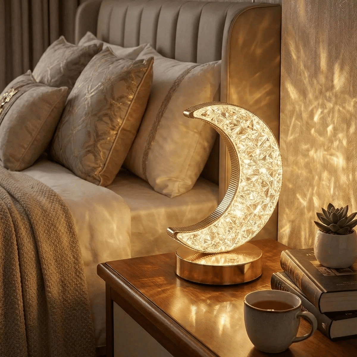 Hilal Ay Model Kristal Led Masa Lambası – Dokunmatik, 3 Renk Işık Modlu, Şarjlı Mini Dekoratif Gece Lambası Bx40