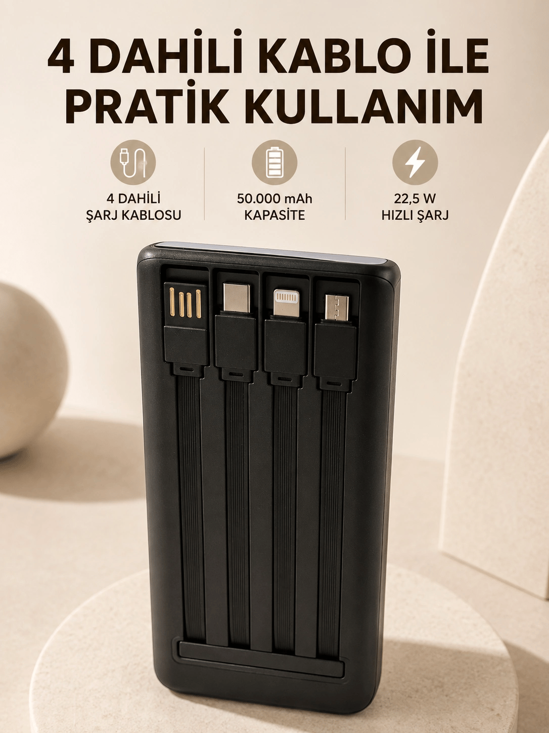 Hızlı Şarj Powerbank 50.000 mAh 4 Dahili Kablolu LED Aydınlatmalı Dijital Göstergeli Taşınabilir Batarya