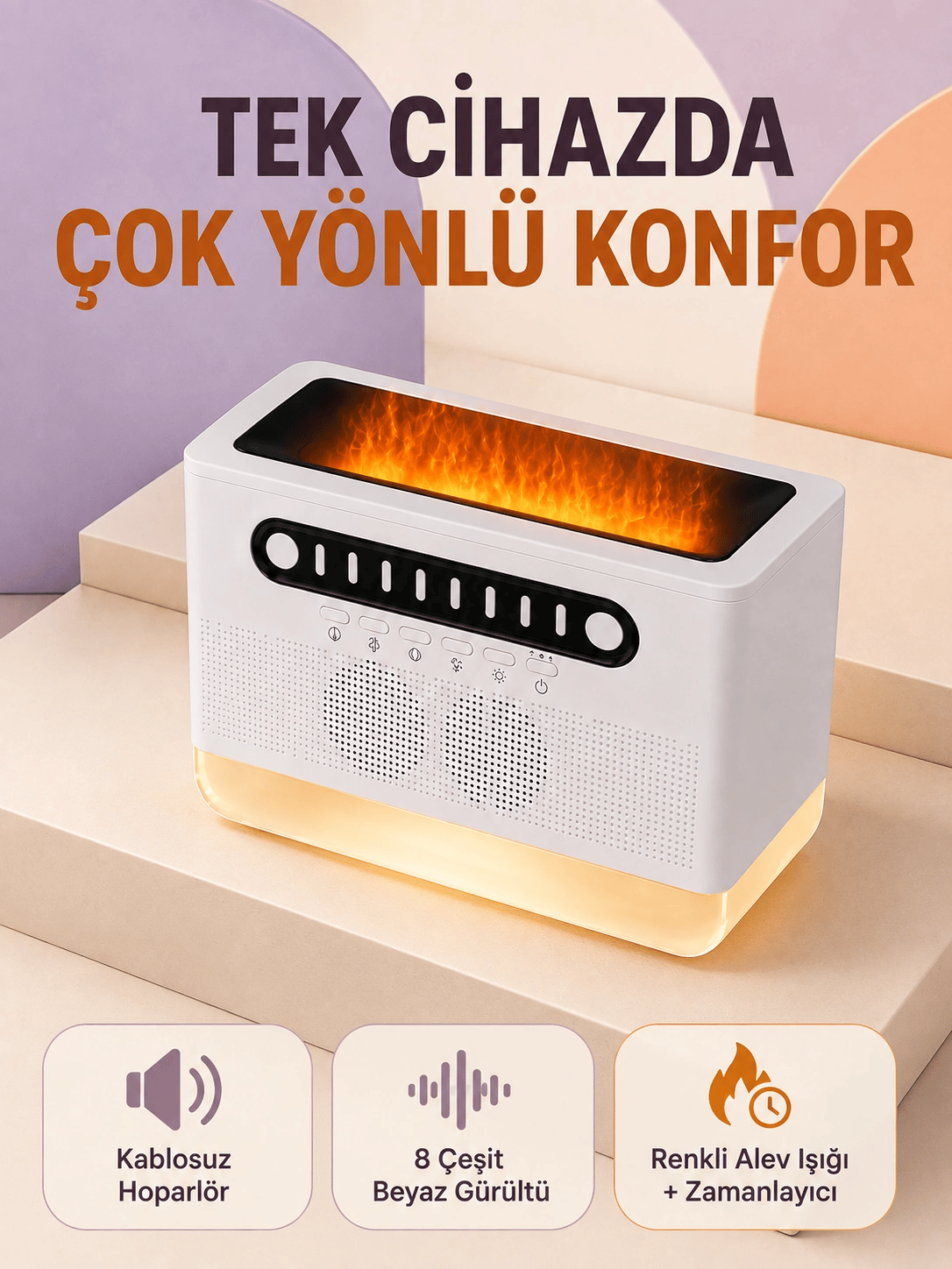 Hoparlörlü Simüle Alev Işıklı Çok Fonksiyonlu Gece Lambası