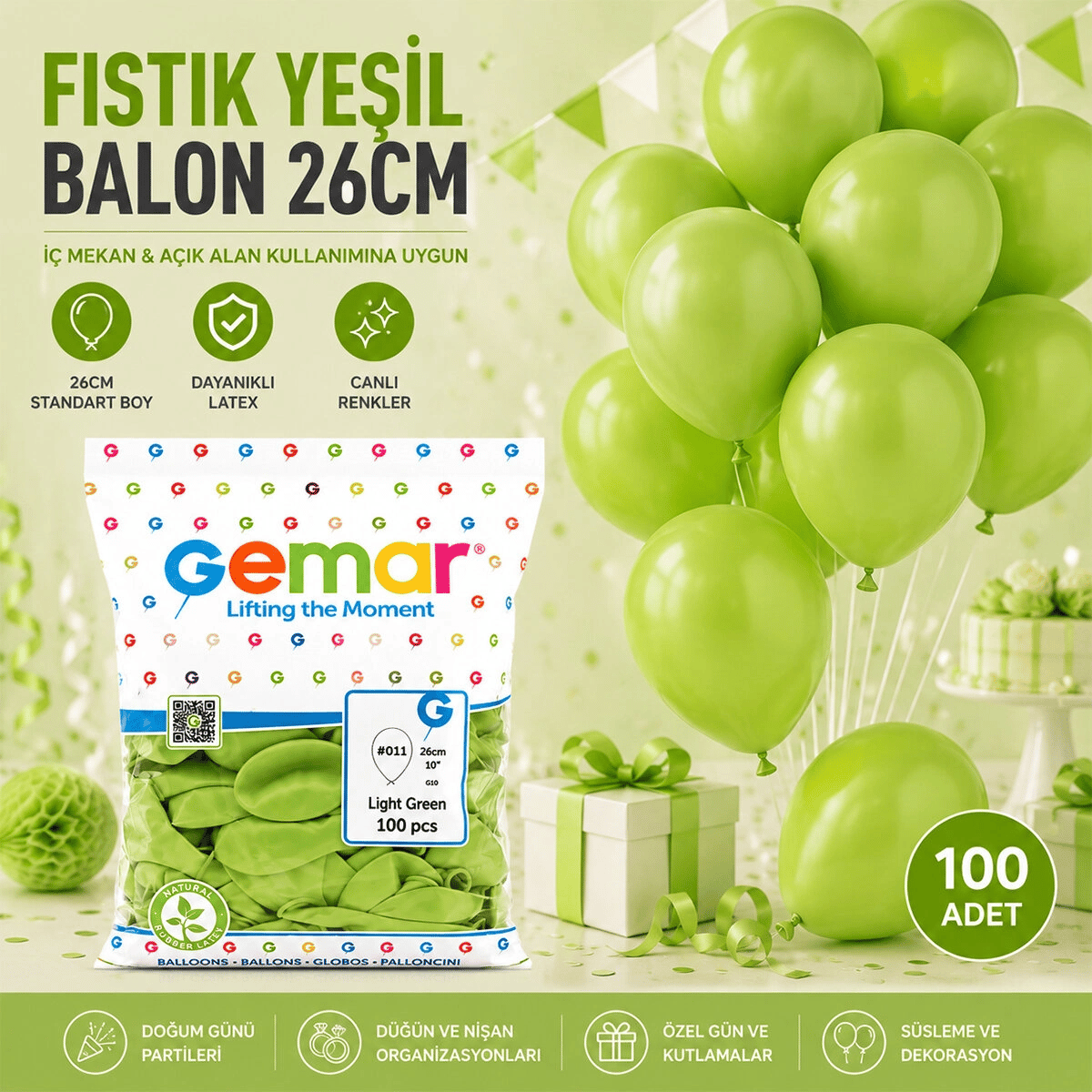 İç Mekan - Fıstık Yeşil Balon 10 Inc - 26cm - 100pcs Bx40