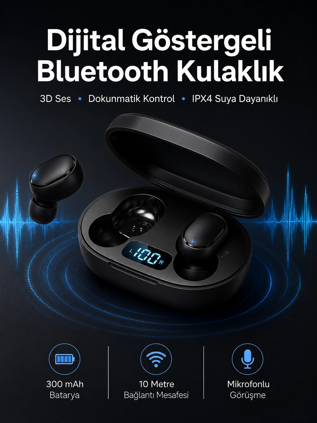 İkili Bluetooth Kulaklık Dijital Göstergeli Uzun Pil Ömrü Yüksek Ses Kaliteli Yeni Nesil