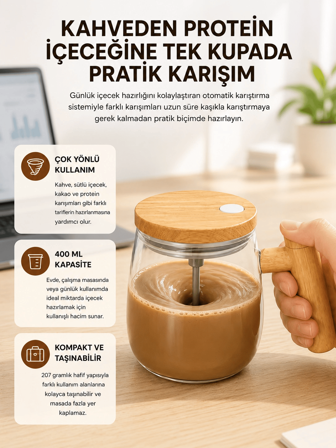 IP6 Su Geçirmez Şarjlı Kupa – 3D Karıştırma, 400 ml Yeni Nesil