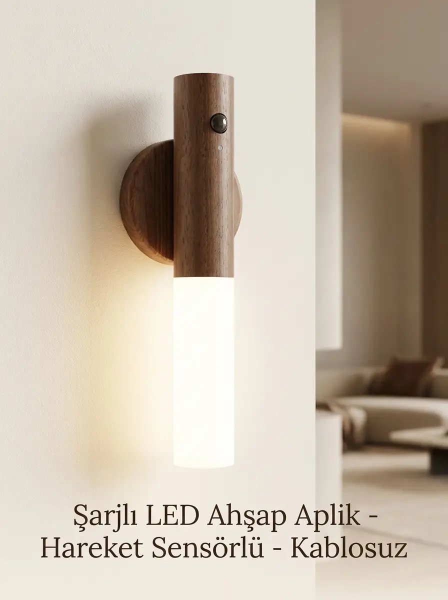 Kablosuz Ahşap Renk LED Duvar Lambası Şarjlı Hareket Sensörlü Günışığı Lüks Aplik