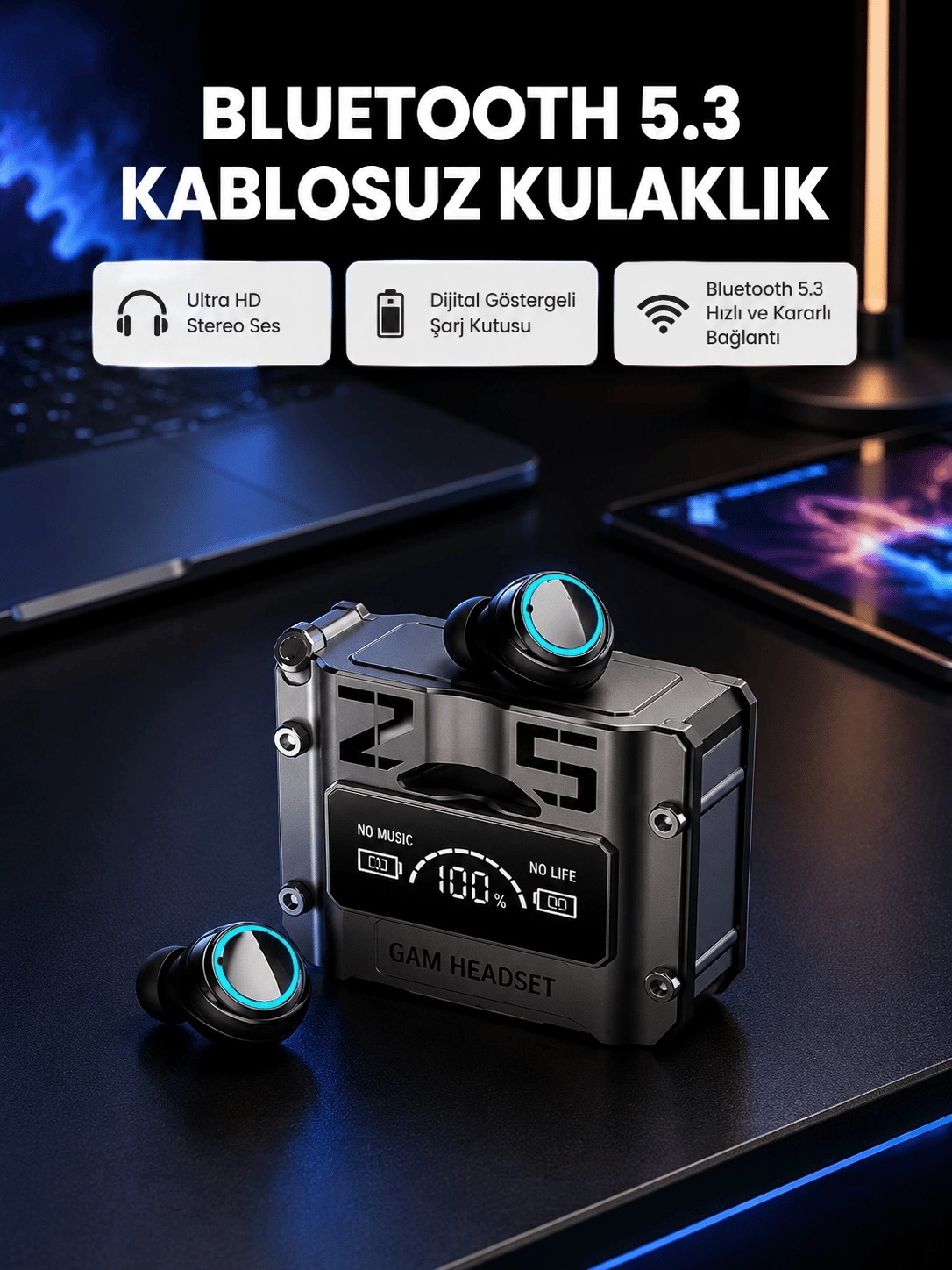 Kablosuz Bluetooth 5.3 Kulaklık – Aktif Gürültü Engelleme ve Gecikmesiz Oyun Modu