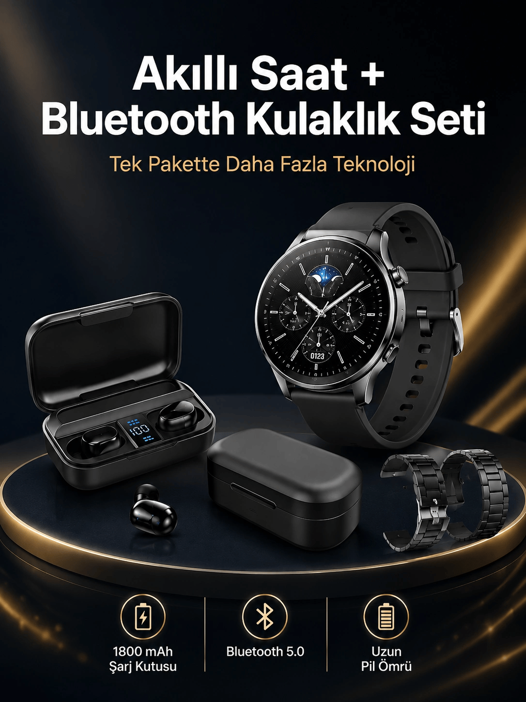 Kablosuz Bluetooth Kulaklık ve Kordon Hediyeli Akıllı Saat Nabız Ölçer Uzun Pil Ömrü